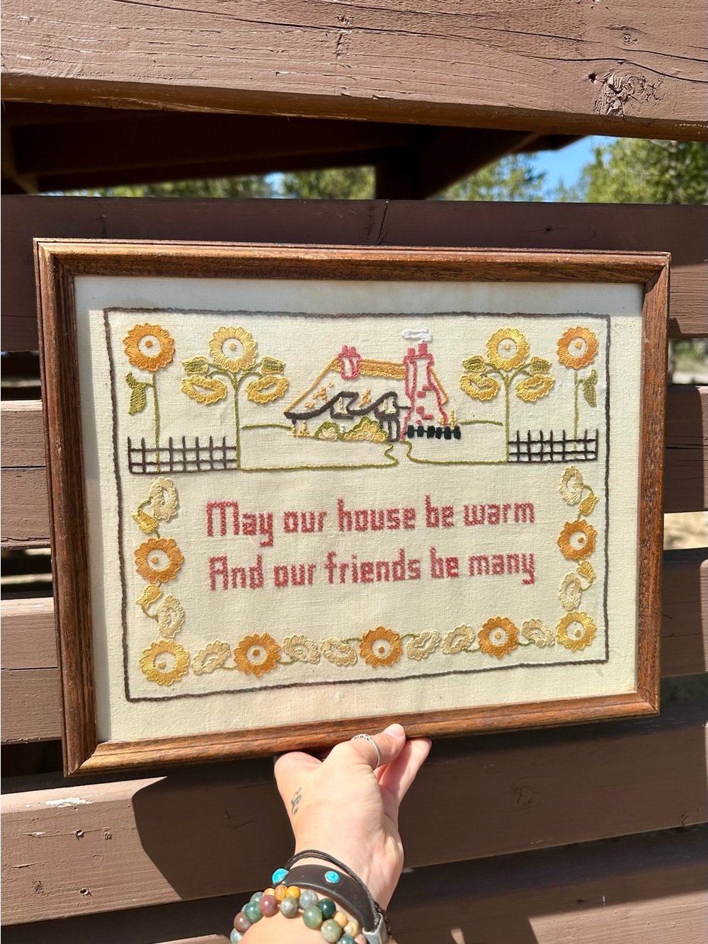 Vintage Embroidered Cross Stitch Wall Hanging - Warm House & Friends Quote